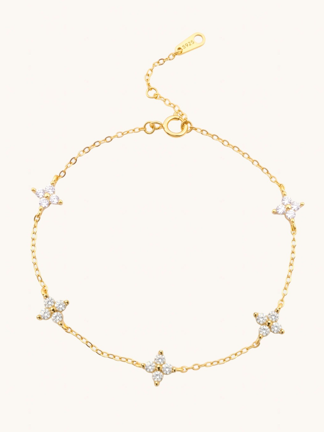 Front View of Irene Star Charm Bracelet Adjustable Length 18k Gold Plated 925 Sterling Silver 7.5 inches 1.4gms