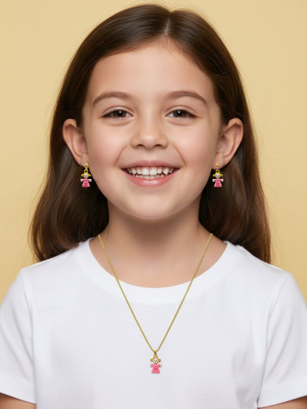 Alternate View of Model Wearing Little Princess Dolly Dangle Earrings Jewelry for Pierced Ears 18k Gold Plated 925 Sterling Silver 10 mm 2.2gms