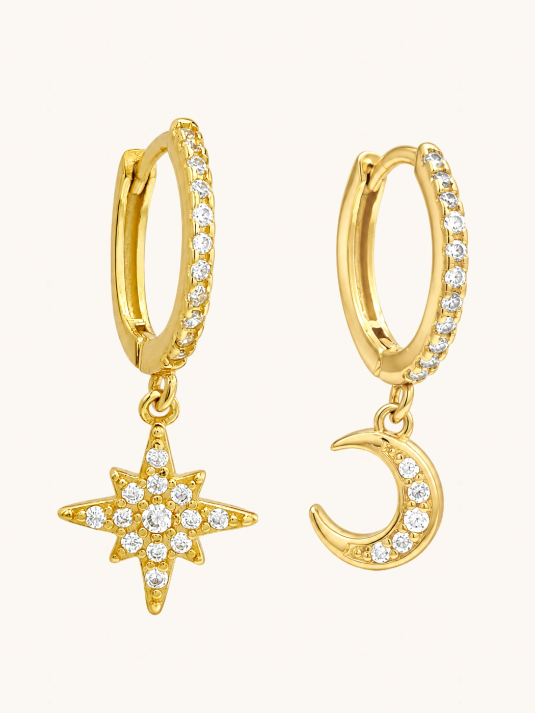 Front View of Stella Crescent Star Earrings Jewelry for Pierced Ears 18k Gold Plated 925 Sterling Silver 2 cm 1.3gms