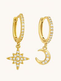 Front View of Stella Crescent Star Earrings Jewelry for Pierced Ears 18k Gold Plated 925 Sterling Silver 2 cm 1.3gms