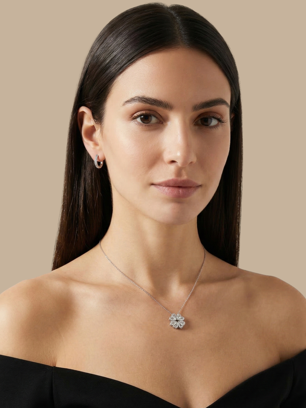 Alternate View of Model Wearing Cara Heart Clover Versatile Pendant Necklace Adjustable Length 925 Sterling Silver 16 inches 3gms
