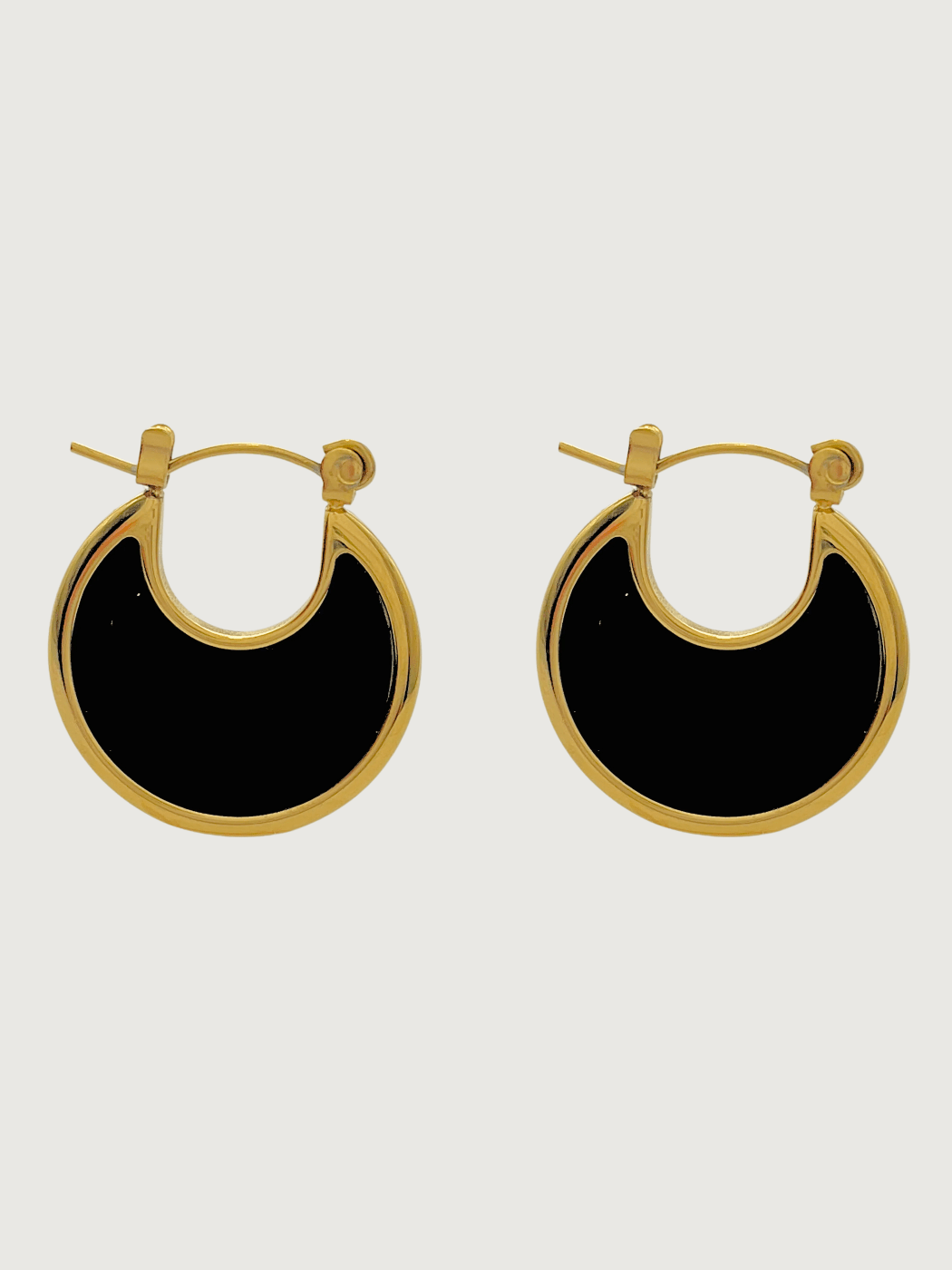 Front View of Joana Black Hoop earrings in 18k Gold Plated Metal Jewelry for Pierced Ears Steel | Hypoallergenic Tarnish Resistant Sweat Water Stone Eco - Friendly One Size 5.9gms