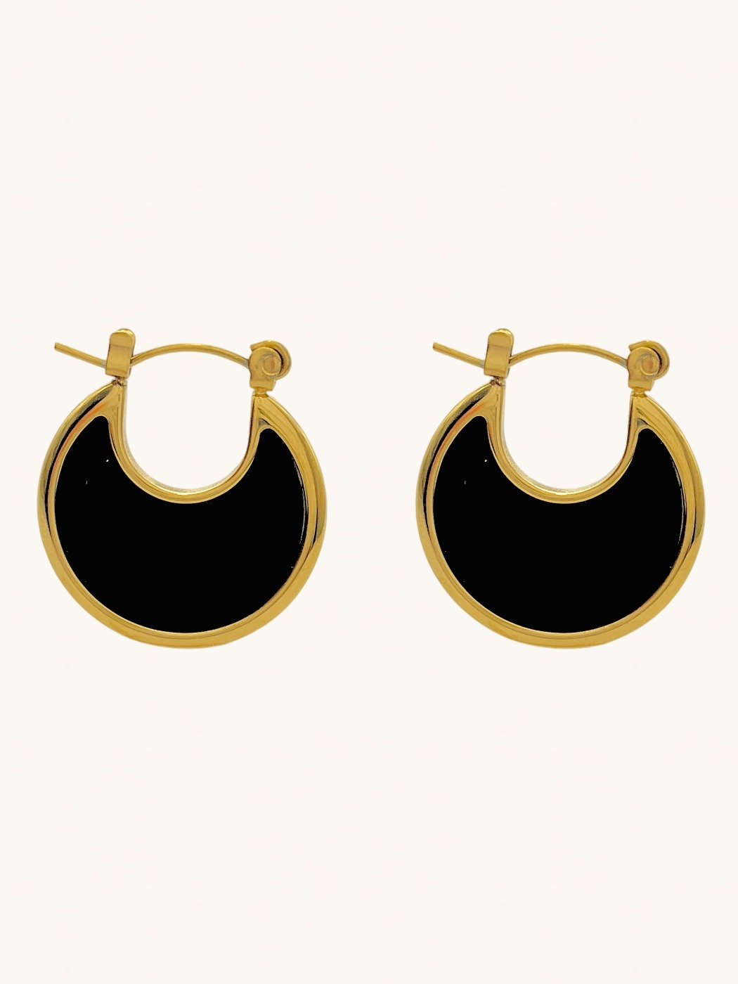 Front View of Joana Black Hoop earrings in 18k Gold Plated Metal Jewelry for Pierced Ears Steel | Hypoallergenic Tarnish Resistant Sweat Water Stone Eco - Friendly One Size 5.9gms