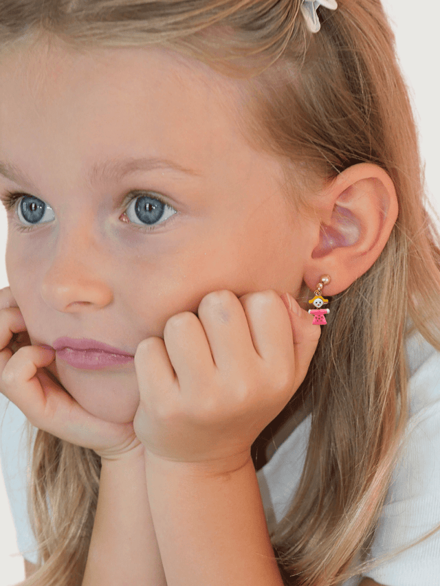 Model Wearing Little Princess Dolly Dangle Earrings in 18K Gold Plated Sterling Silver Jewelry for Pierced Ears 18k 925 Metal 10 cm 2.2gms