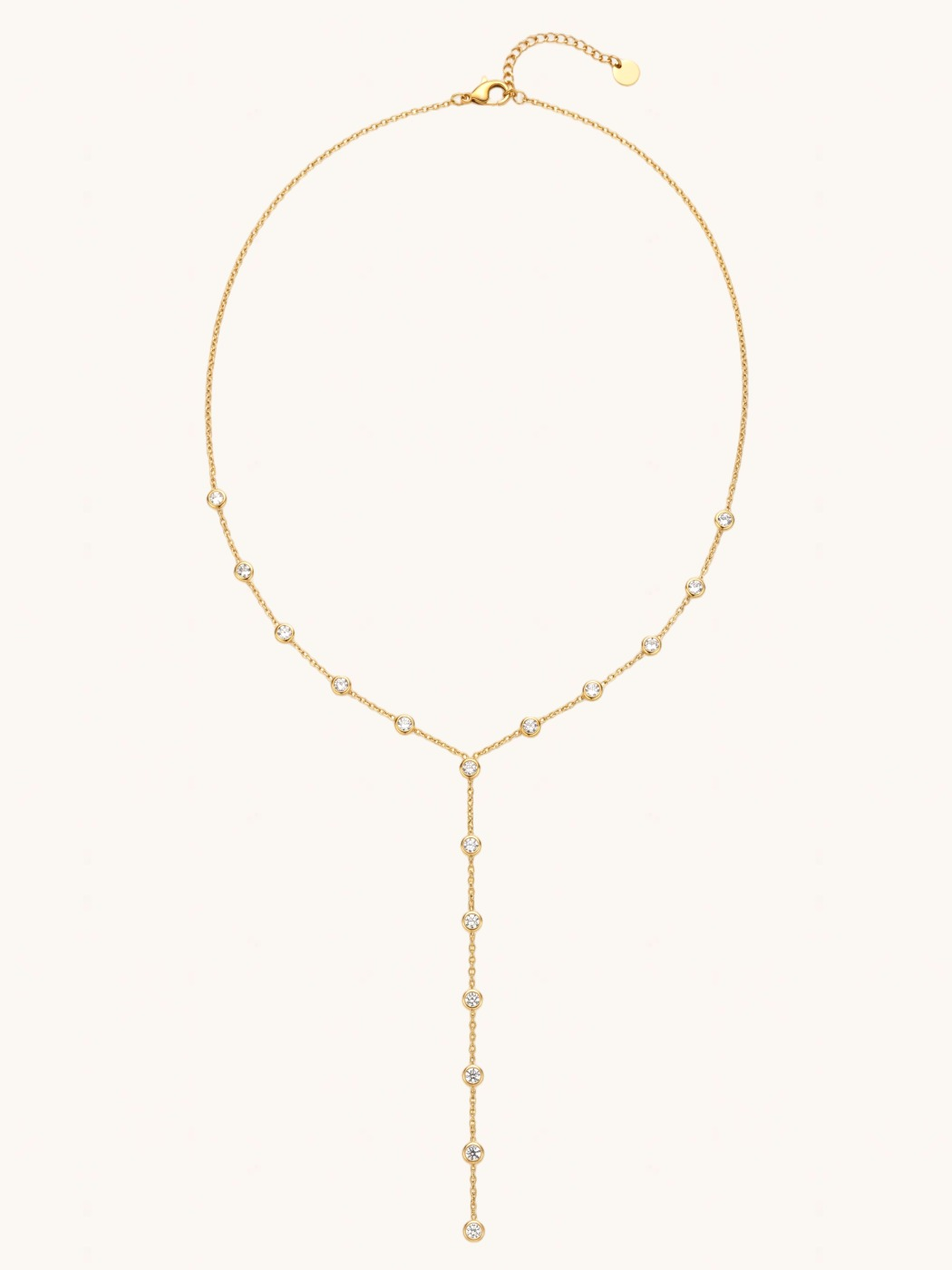 Rear View of Myra Bezel Drop Lariat Necklace Comfort Fit 18k Gold Plated Steel | Hypoallergenic Tarnish Resistant Sweat Water One Size 6.8gms Stainless