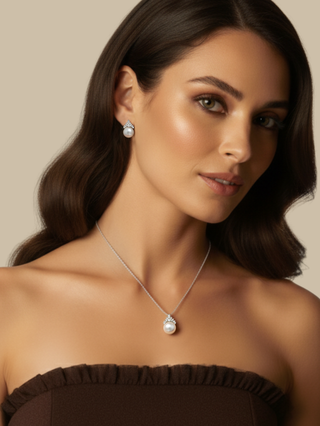 Model Wearing Eleanor Pearl Drop Pendant Necklace and Earring Set in 925 Sterling Silver Comfort Fit Metal 16 inches 8.5gms