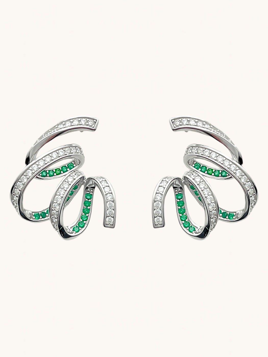 Front View of Zarifah Ribbon Earrings in Sterling Silver Jewelry for Pierced Ears 925 Metal Stone One Size 7.6gms