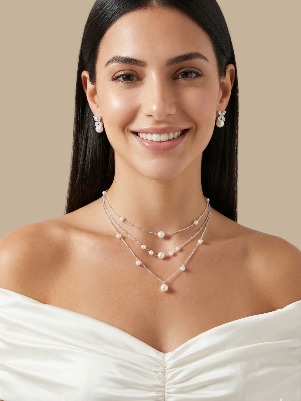 Alternate View of Model Wearing Myra Pearl Necklace Adjustable Length 925 Sterling Silver One Size 12.4gms