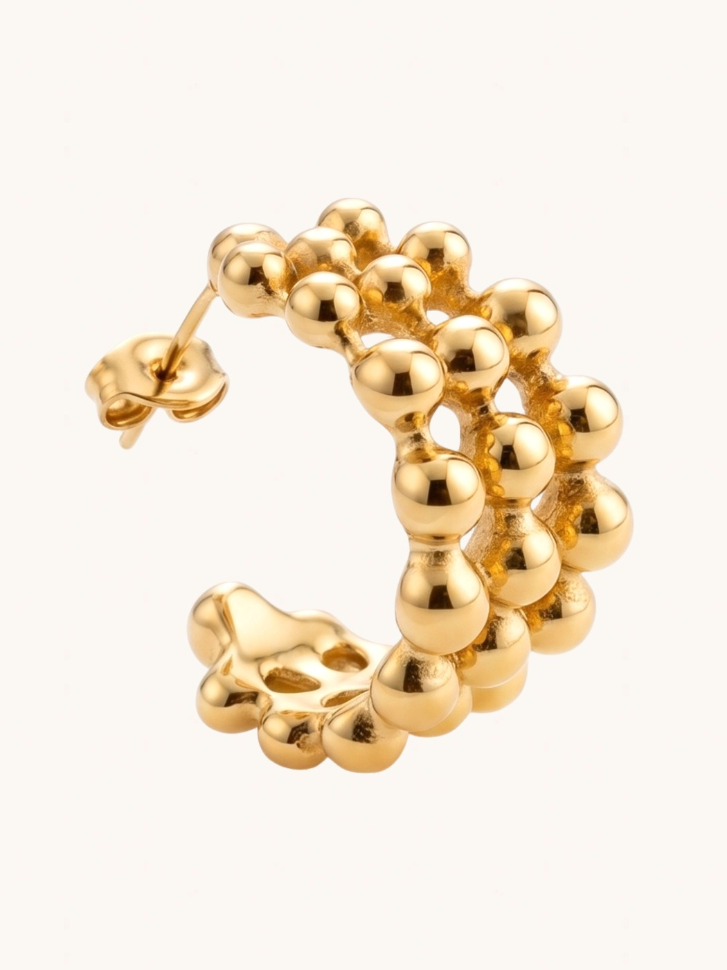 Closeup of Nina C-Hoop Earrings Jewelry for Pierced Ears 18k Gold Plated Steel | Hypoallergenic Tarnish Resistant Sweat Water 1.5 cm 12.2gms Stainless