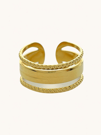 Front View of Isabella Open Ring in 18k Gold-Plated Metal Open-Adjustable-Resizable Gold Plated Steel | Hypoallergenic Tarnish Resistant Sweat Water Eco - Friendly One Size 2.9gms