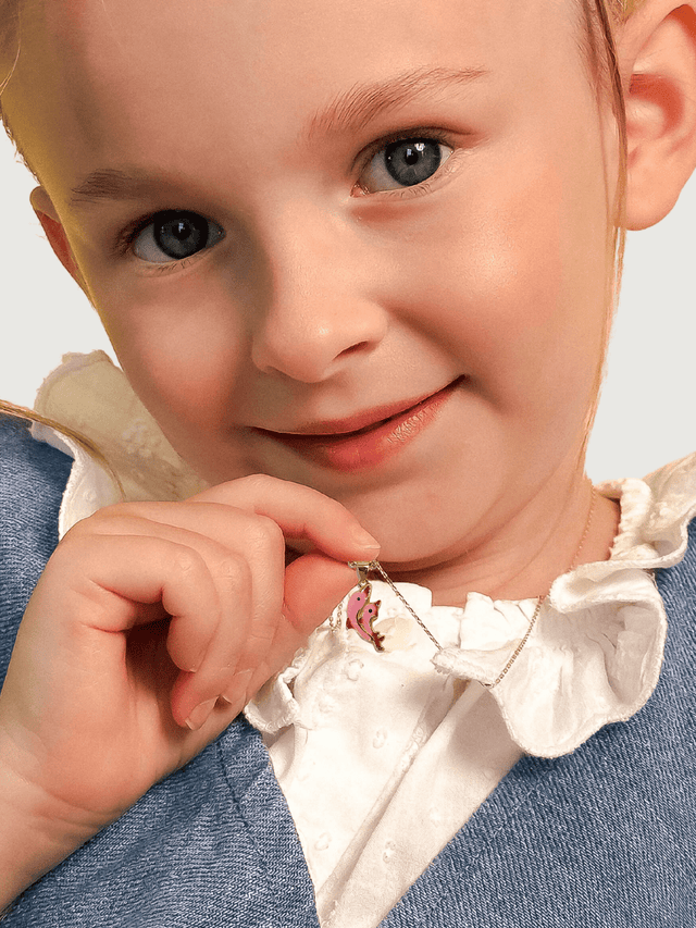 Model Wearing Little Princess Dolphin Pendant Necklace in 18k Gold Plated sterling Silver Adjustable Length 925 Sterling Metal 14 inches 4.6gms
