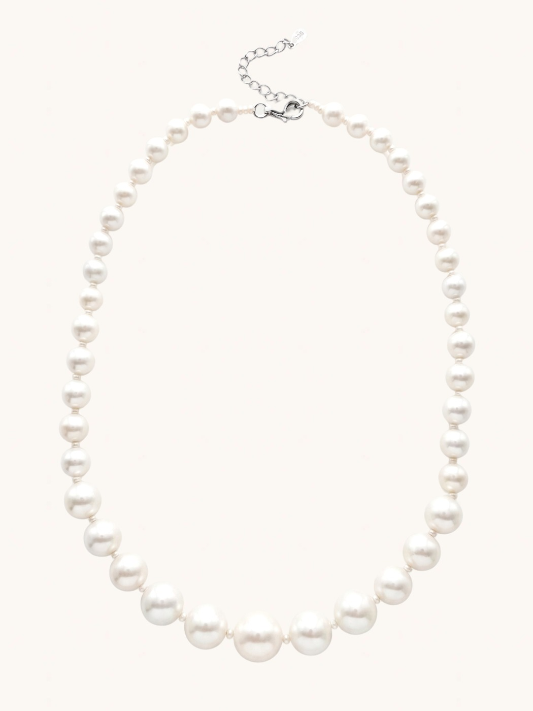 Front View of Nura Graduating Pearl Necklace Adjustable Length 925 Sterling Silver 23 inches 69gms