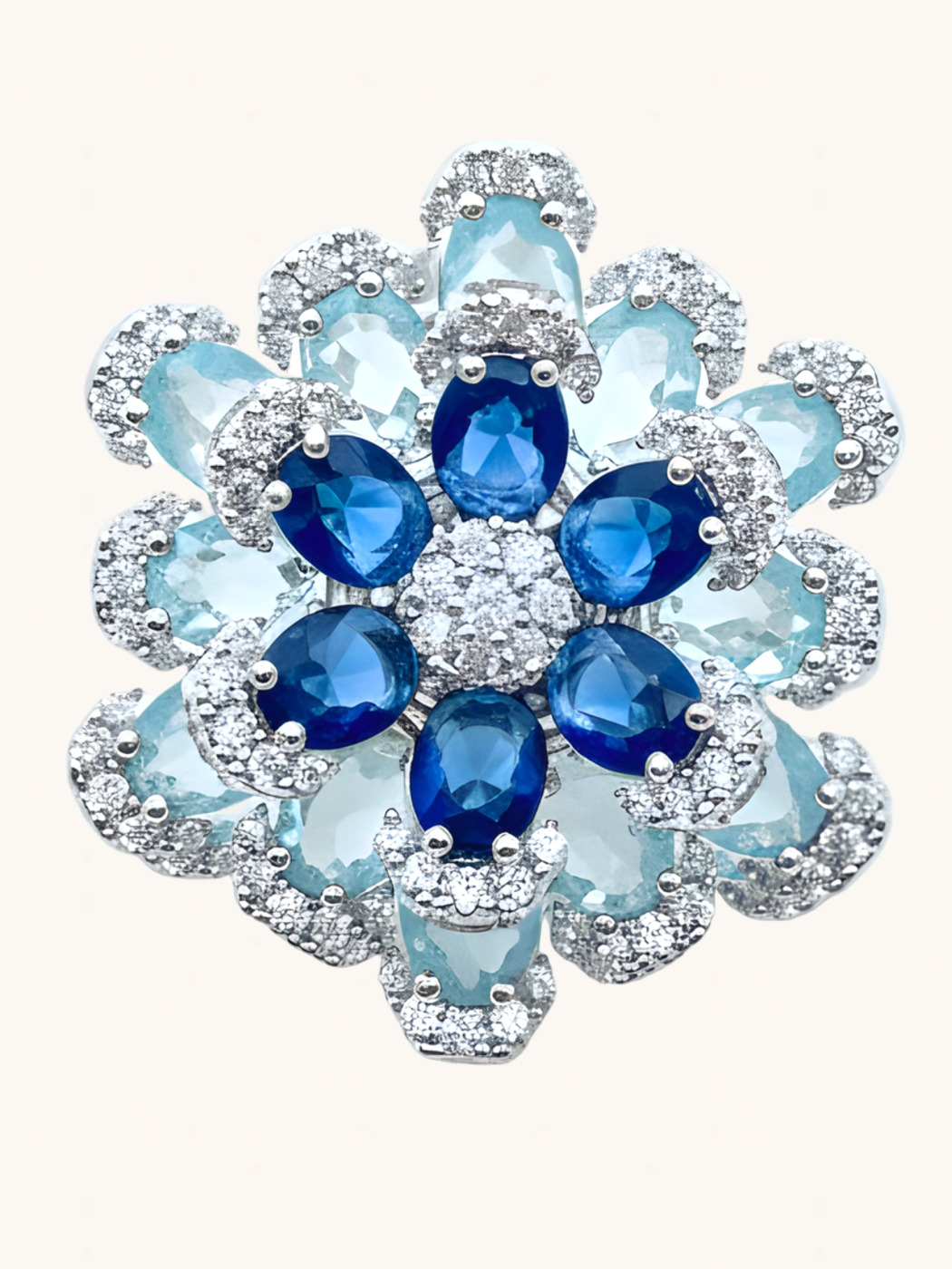 Closeup of Peony Stud Earrings in Rhodium Plated Metal-Blue Jewelry for Pierced Ears 925 Sterling Silver 2.5 cm 11.8gms