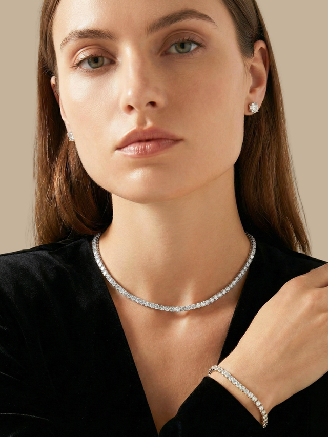 Model Wearing Vivienne Tennis Necklace in Plated Metal Comfort Fit Rhodium Brass 16 inches 30.3gms Mix