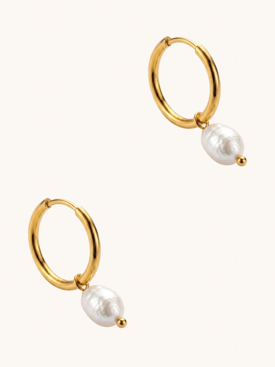 Rear View of Jenna Pearl Hoop Earrings Jewelry for Pierced Ears 18k Gold Plated Steel | Hypoallergenic Tarnish Resistant Sweat Water Eco - Friendly One Size 3.2gms