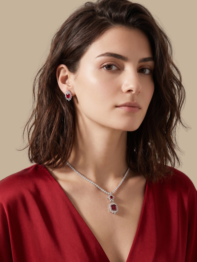 Model Wearing Amaris Tennis Necklace Set Comfort Fit Rhodium Plated Copper 16 inches 22.1gms Mix Metal