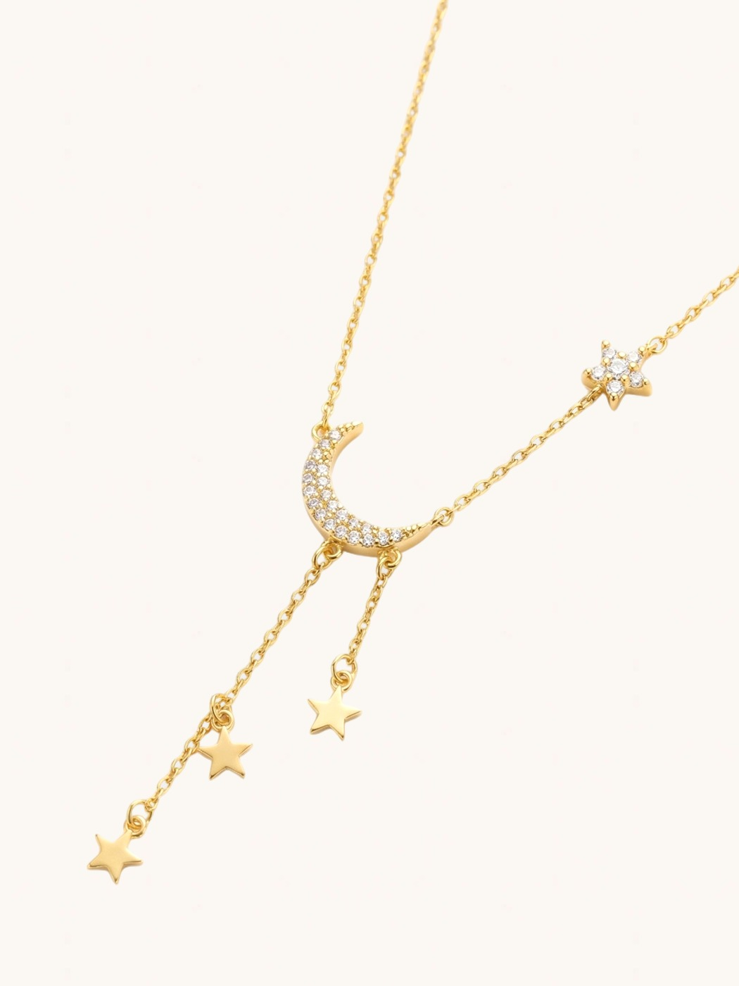 Closeup of Alia Lariat Necklace in 18k Gold Plated Sterling Silver Adjustable Length 925 2.1gms