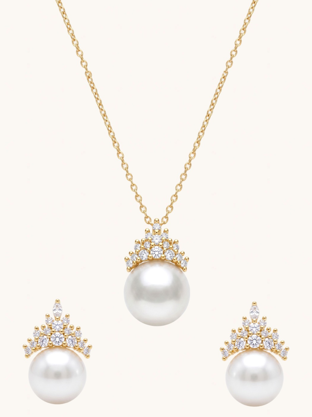 Front View of Eleanor Pearl Drop Pendant Necklace Set Comfort Fit 18k Gold Plated 925 Sterling Silver One Size 8.3gms