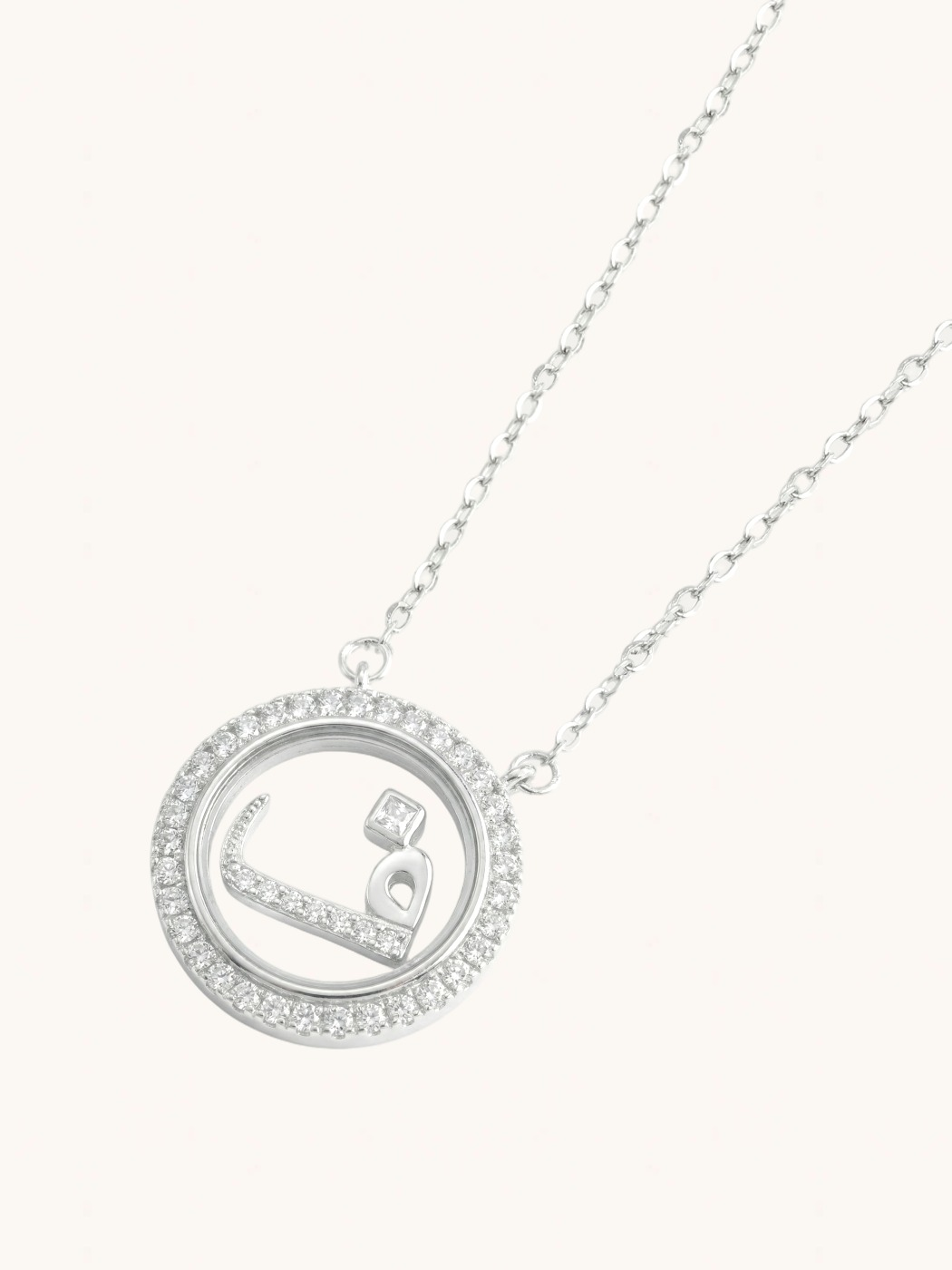Closeup of Arabic Pendant "Faa" in 925 Sterling Silver Comfort Fit 16 inches 3.8gms