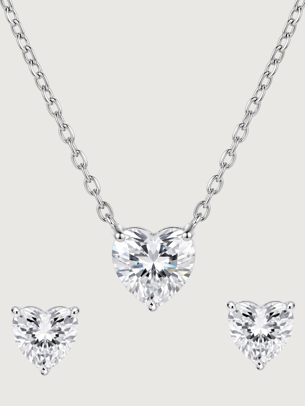 Front View of Serafina Solitaire Heart Pendant and Stud Earrings Adjustable Length 925 Sterling Silver One Size 3.4gms