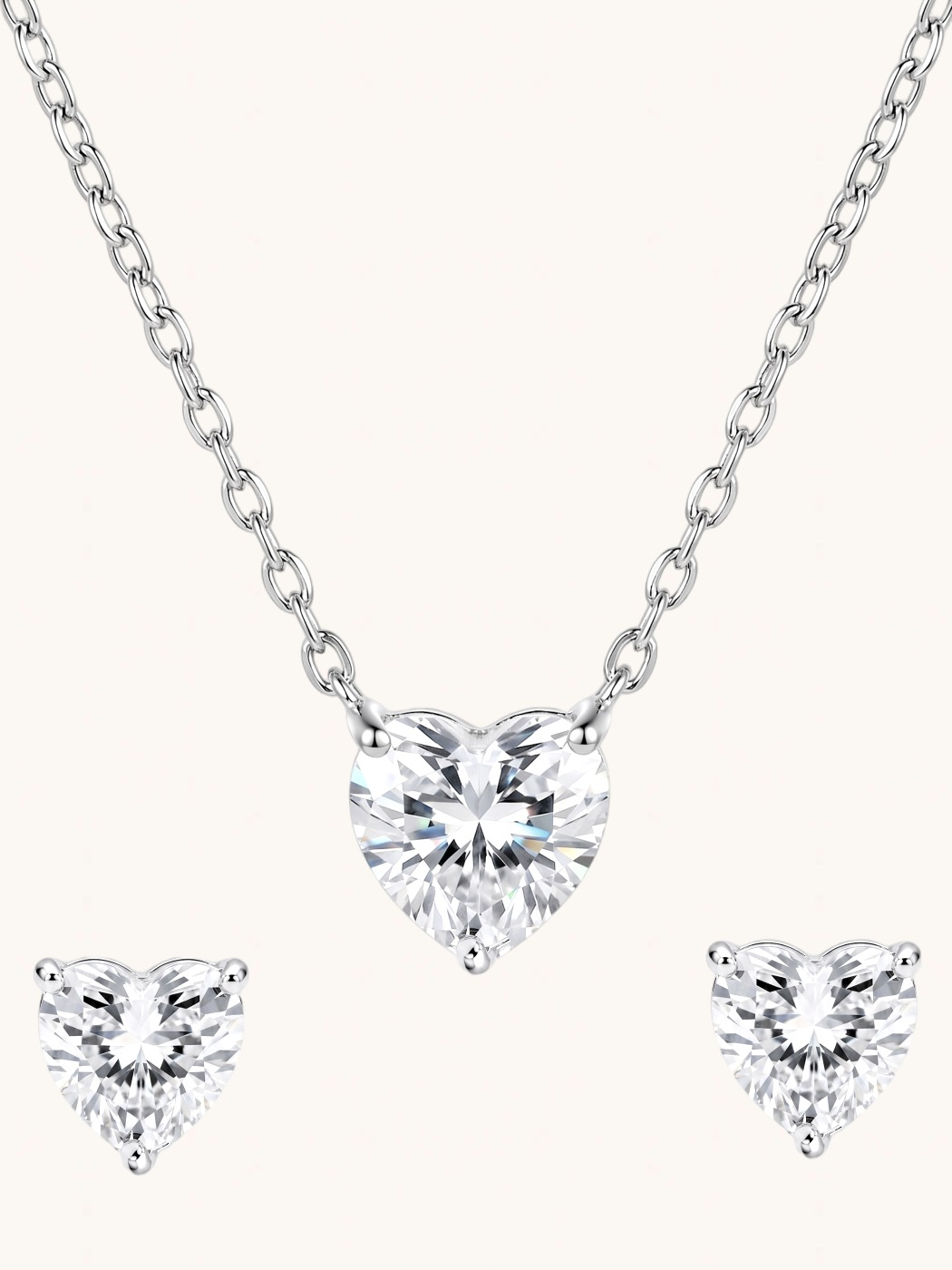 Front View of Serafina Solitaire Heart Pendant and Stud Earrings Adjustable Length 925 Sterling Silver One Size 3.4gms
