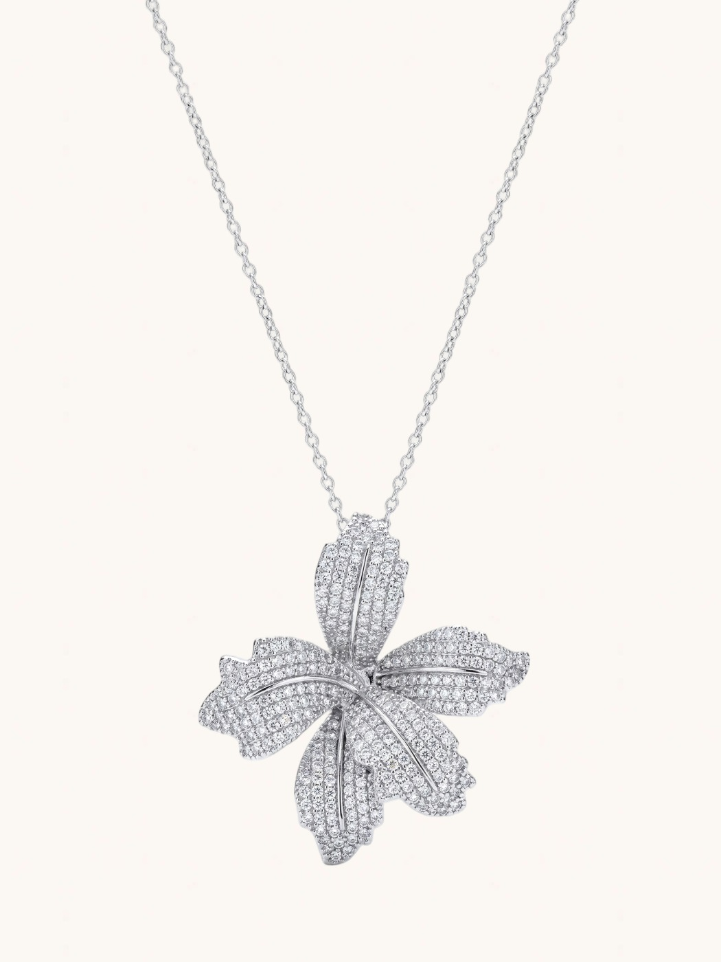 Front View of Orchid Bloom Brooch Pendant in Rhodium-Plated Metal Comfort Fit 925 Sterling Silver Chain Rhodium Plated Brass One Size