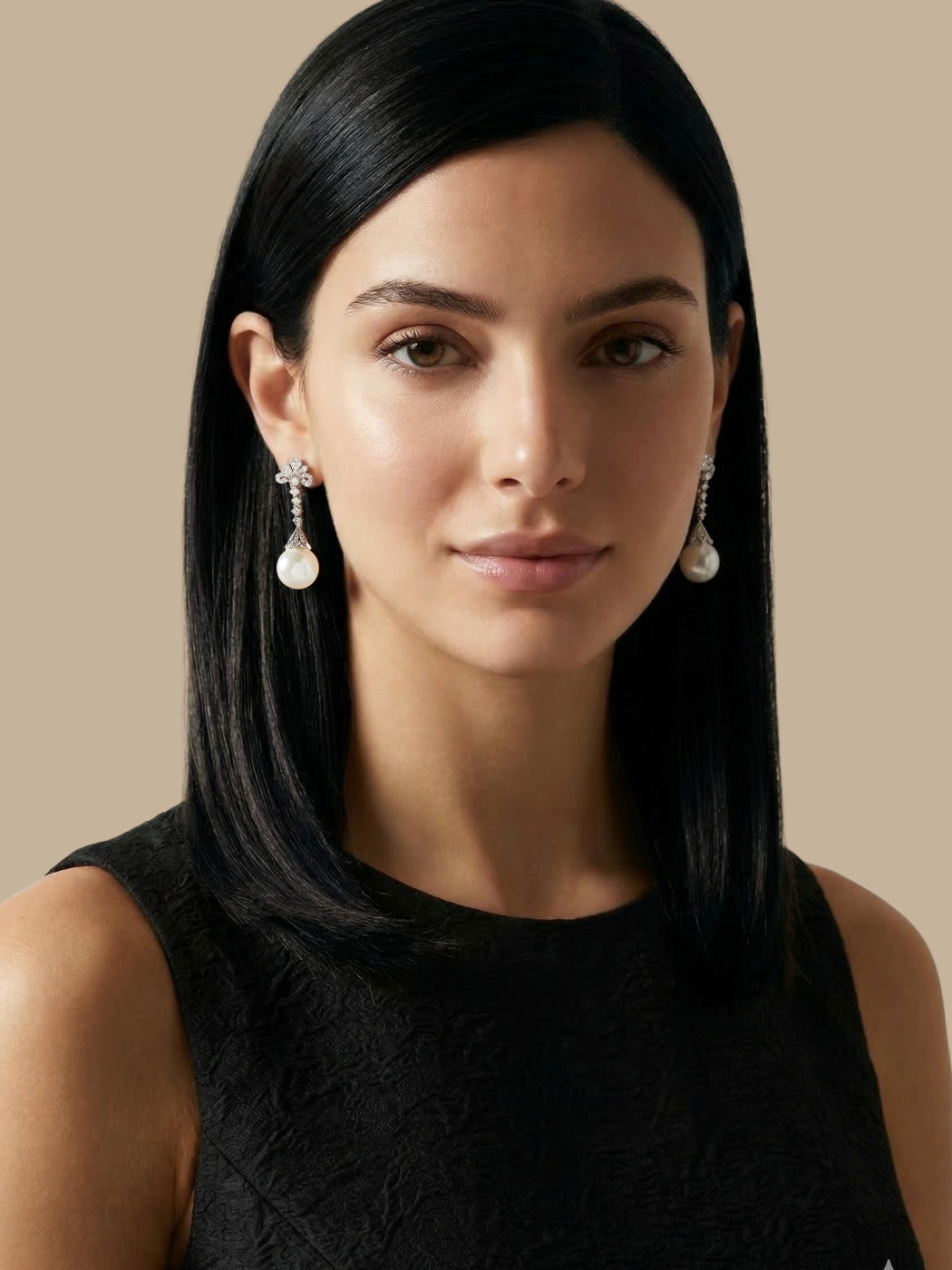 Model Wearing Perlina Pearl Dangle Earrings Jewelry for Pierced Ears Post / Pin & Push in 925 Sterling Silver Stamp Marked Rhodium Plated Copper 4 cm 11.4gms