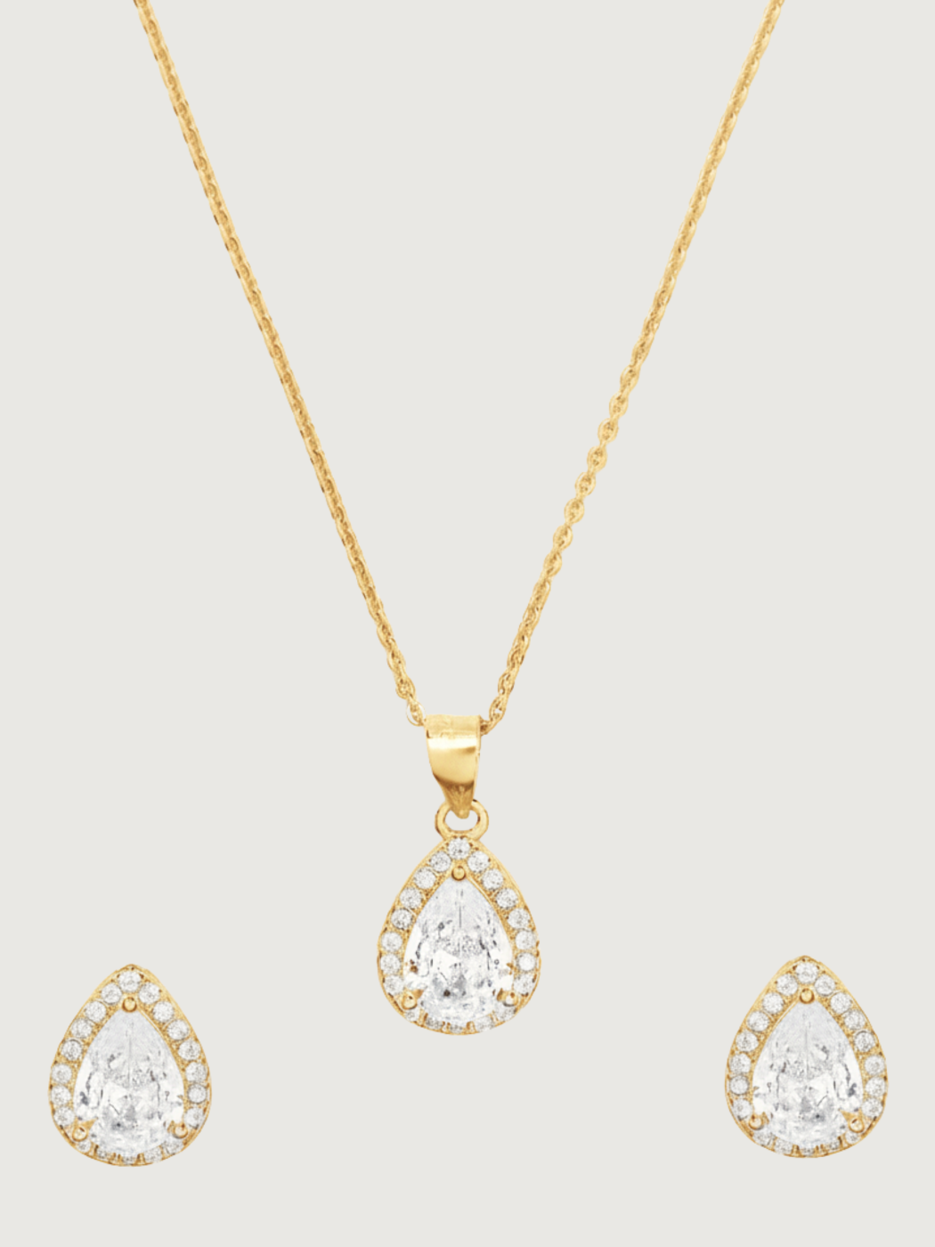 Front View of Zia Drop Pendant Necklace & Stud Earrings in 18k gold plated 925 sterling silver Comfort Fit Gold Plated Sterling Silver 16 inches 4.8gms