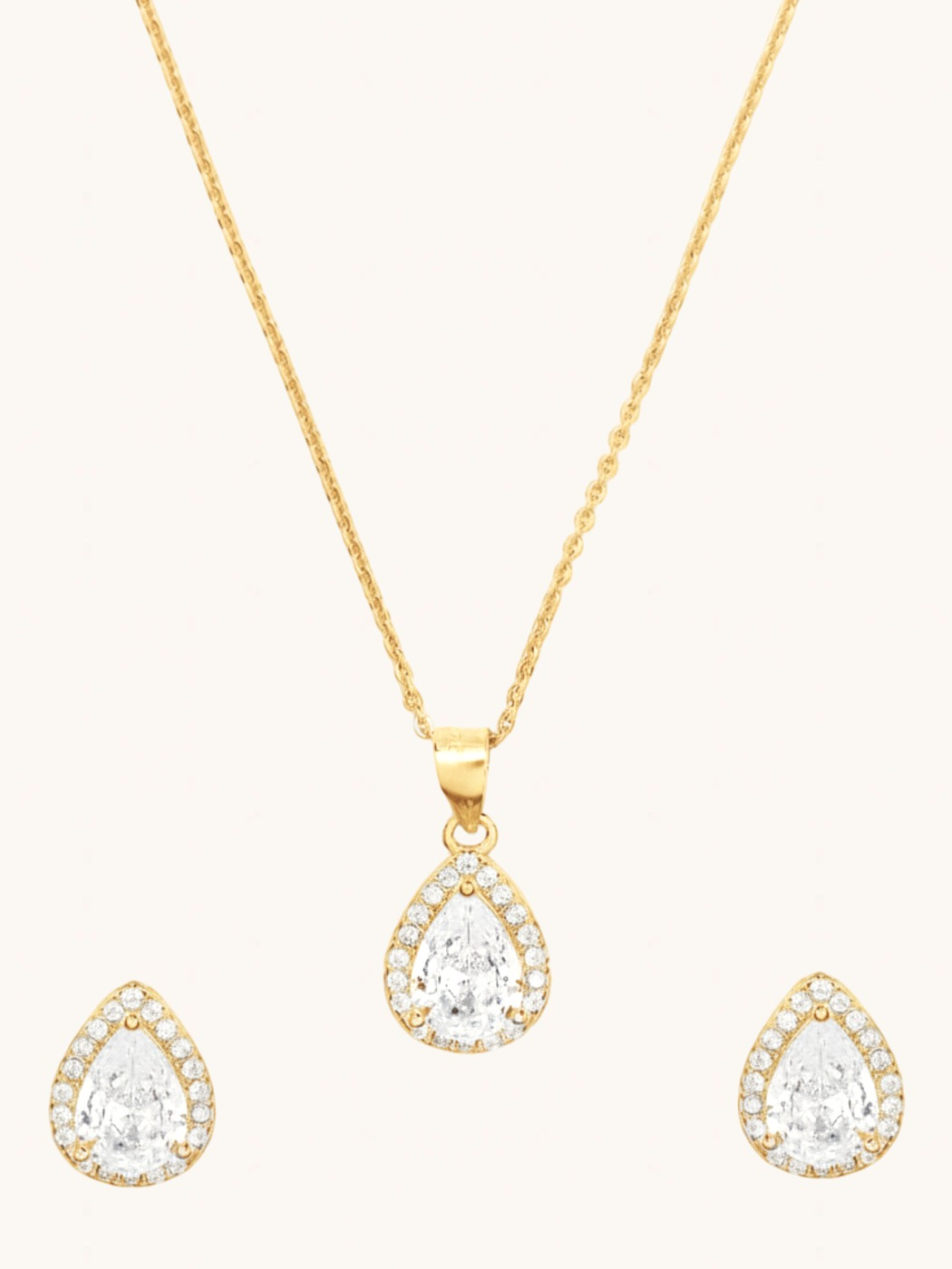 Front View of Zia Drop Pendant Necklace & Stud Earrings in 18k gold plated 925 sterling silver Comfort Fit Gold Plated Sterling Silver 16 inches 4.8gms