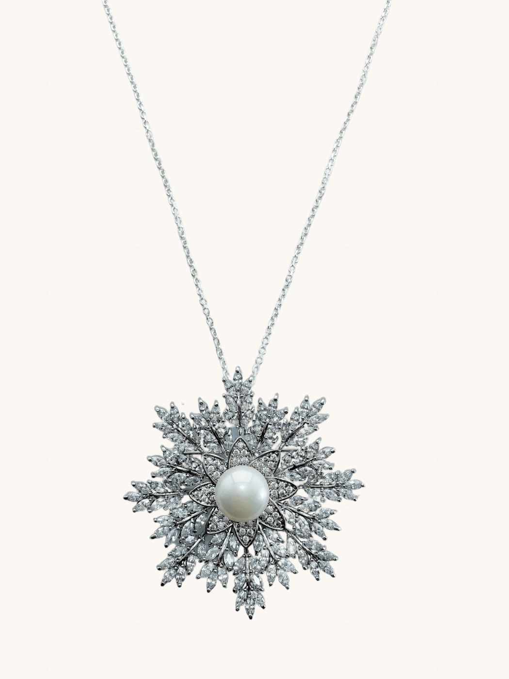 Front View of Snowflake Brooch Pendant Necklace in 925 Sterling Silver Regular Chain Rhodium Plated Brass Metal Stone One Size 21.6gms