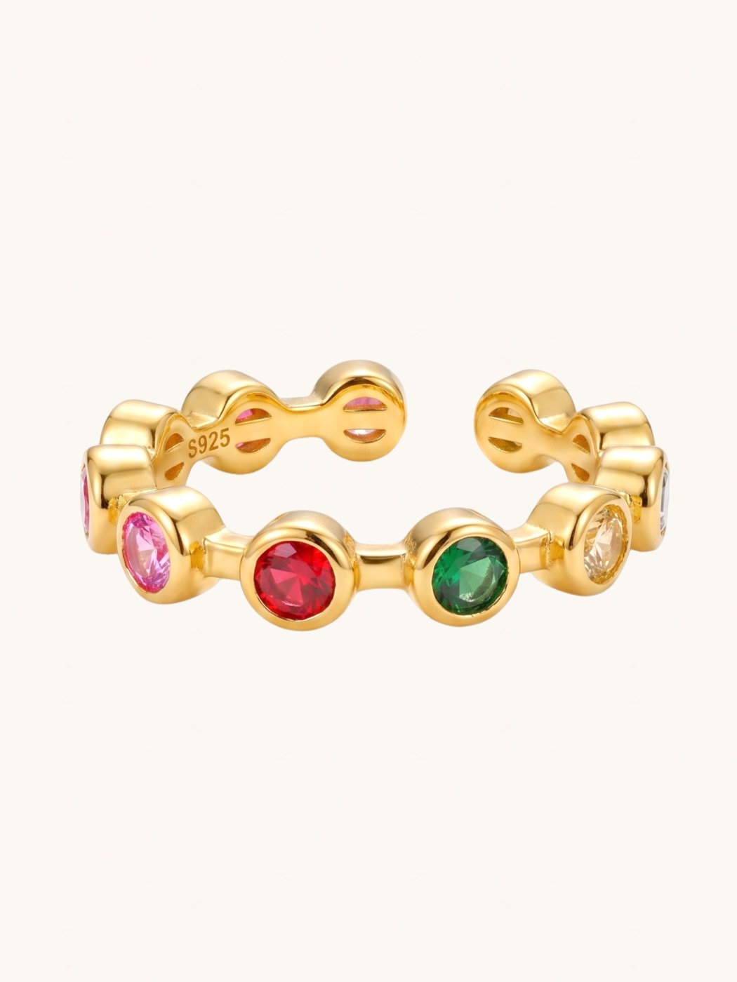 Front View of Anna Ring Open-Adjustable-Resizable 18k Gold Plated 925 Sterling Silver One Size 2gms