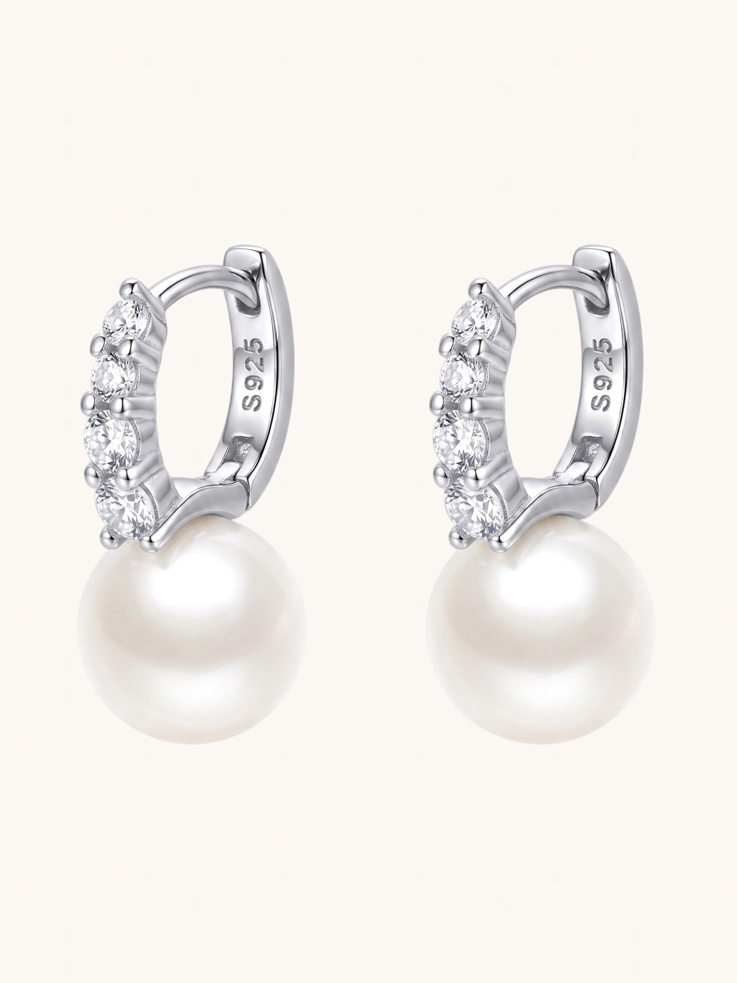 Front View of Bianca Pearl Huggie Hoop Earrings Jewelry for Pierced Ears 925 Sterling Silver 2 cm 2.4gms