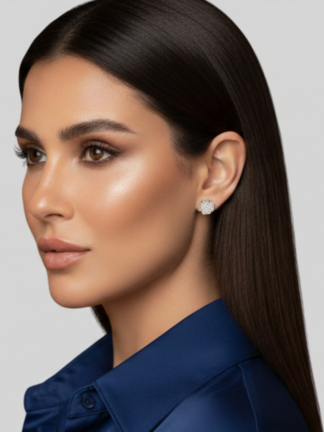 Model Wearing Cara Clover Stud Earrings in 925 Sterling Silver Jewelry for Pierced Ears 9.6 mm 1.8gms