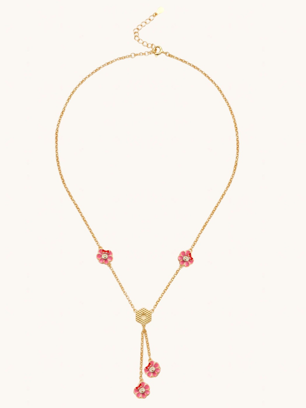 Rear View of Little Princess Flower Lariat Necklace Adjustable Length 18k Gold Plated 925 Sterling Silver 16 inches 7.7gms