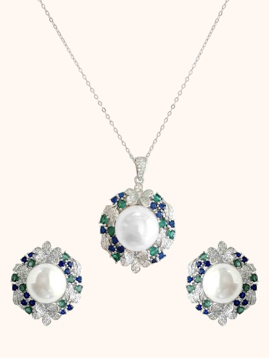 Front View of Yasmine Pearl Pendant Necklace & Stud Earrings set Comfort Fit 925 Sterling Silver Rhodium Plated Brass Stone Metal 2 cm 22.7gms