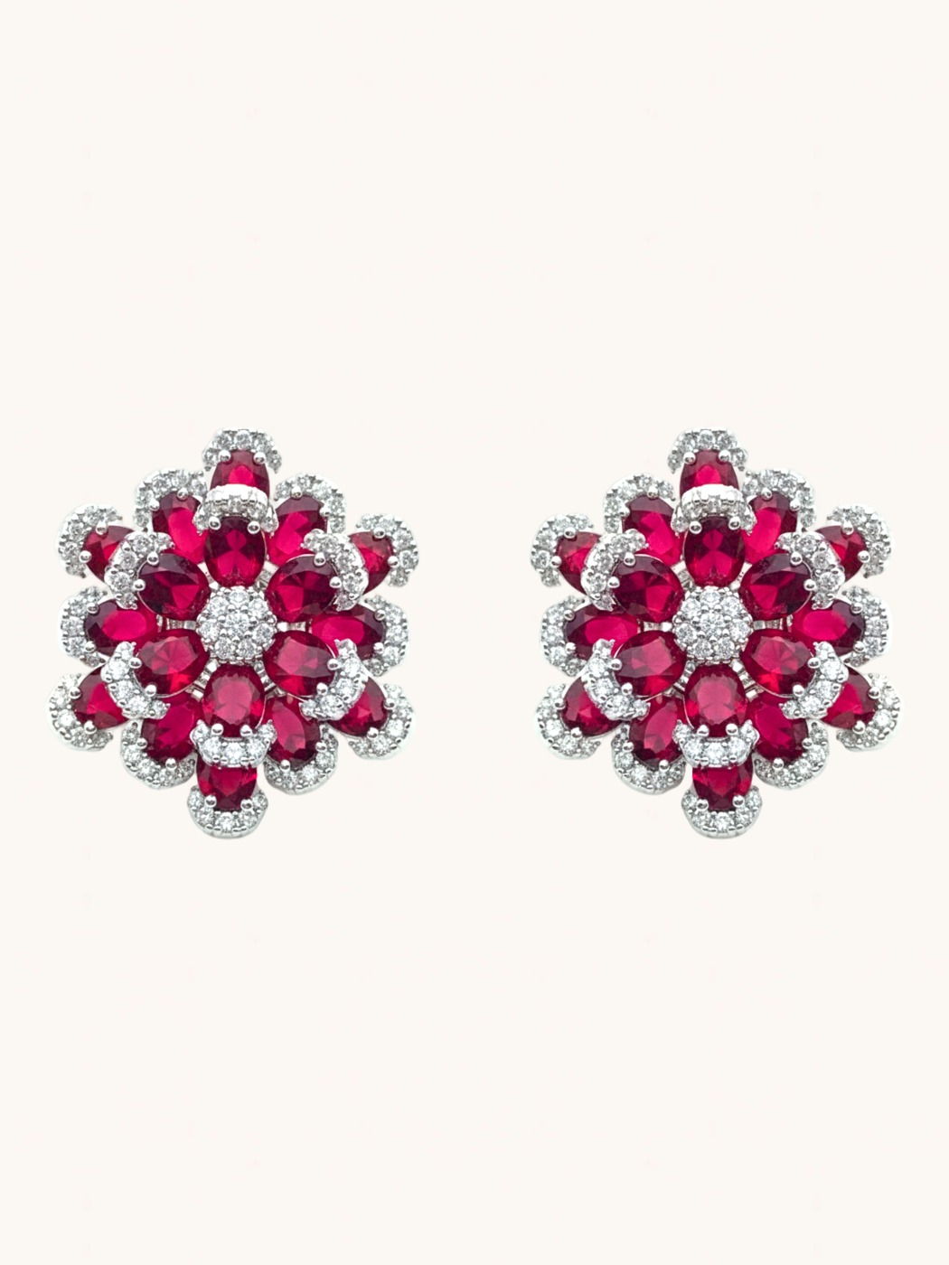 Front View of Peony Stud Earrings in 925 Sterling Silver-Red Jewelry for Pierced Ears Silver 2.5 cm 11.8gms