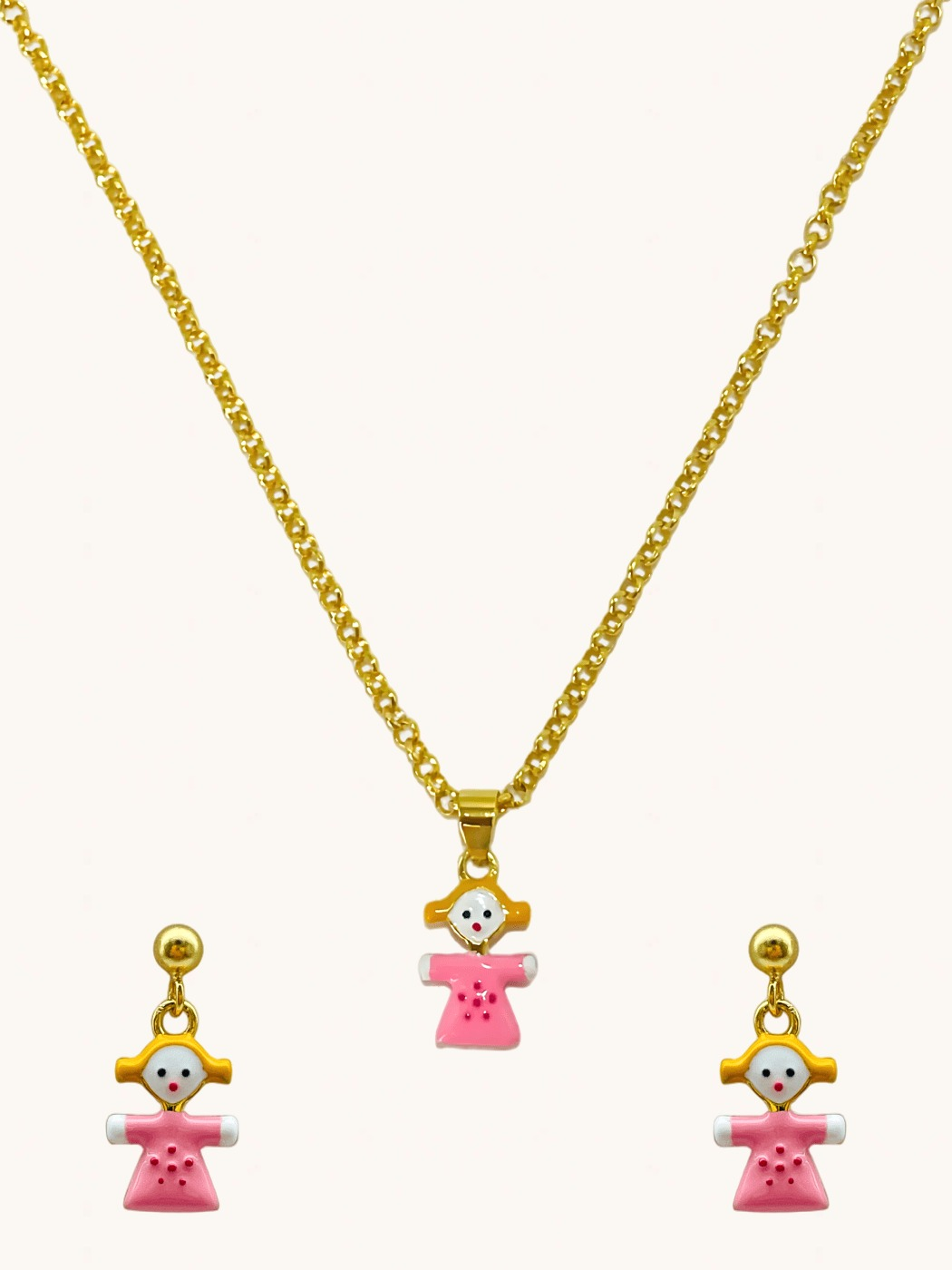 Front View of Little Princess Dolly Pendant Necklace and Dangle Earrings in 18K Gold Plated Sterling Silver Adjustable Length 18k 925 Metal 14 inches 6.3gms