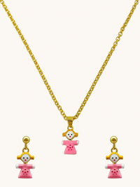 Front View of Little Princess Dolly Pendant Necklace and Dangle Earrings in 18K Gold Plated Sterling Silver Adjustable Length 18k 925 Metal 14 inches 6.3gms