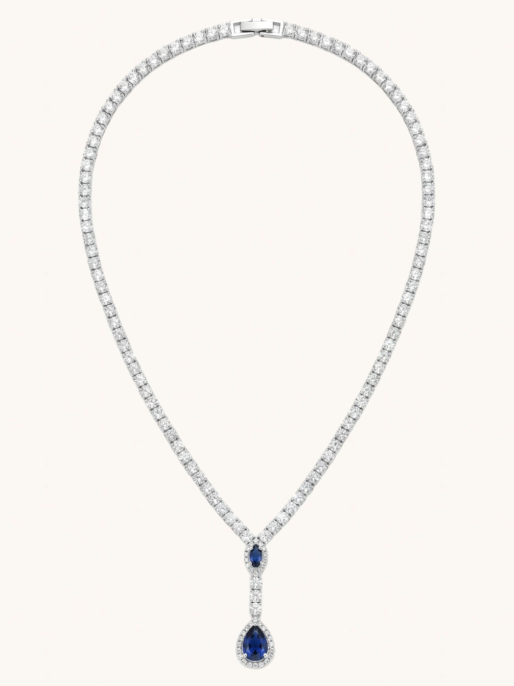 Rear View of Nova Blue Drop Necklace set with Earrings and Ring in Rhodium Plated Metal Comfort Fit Copper Mix