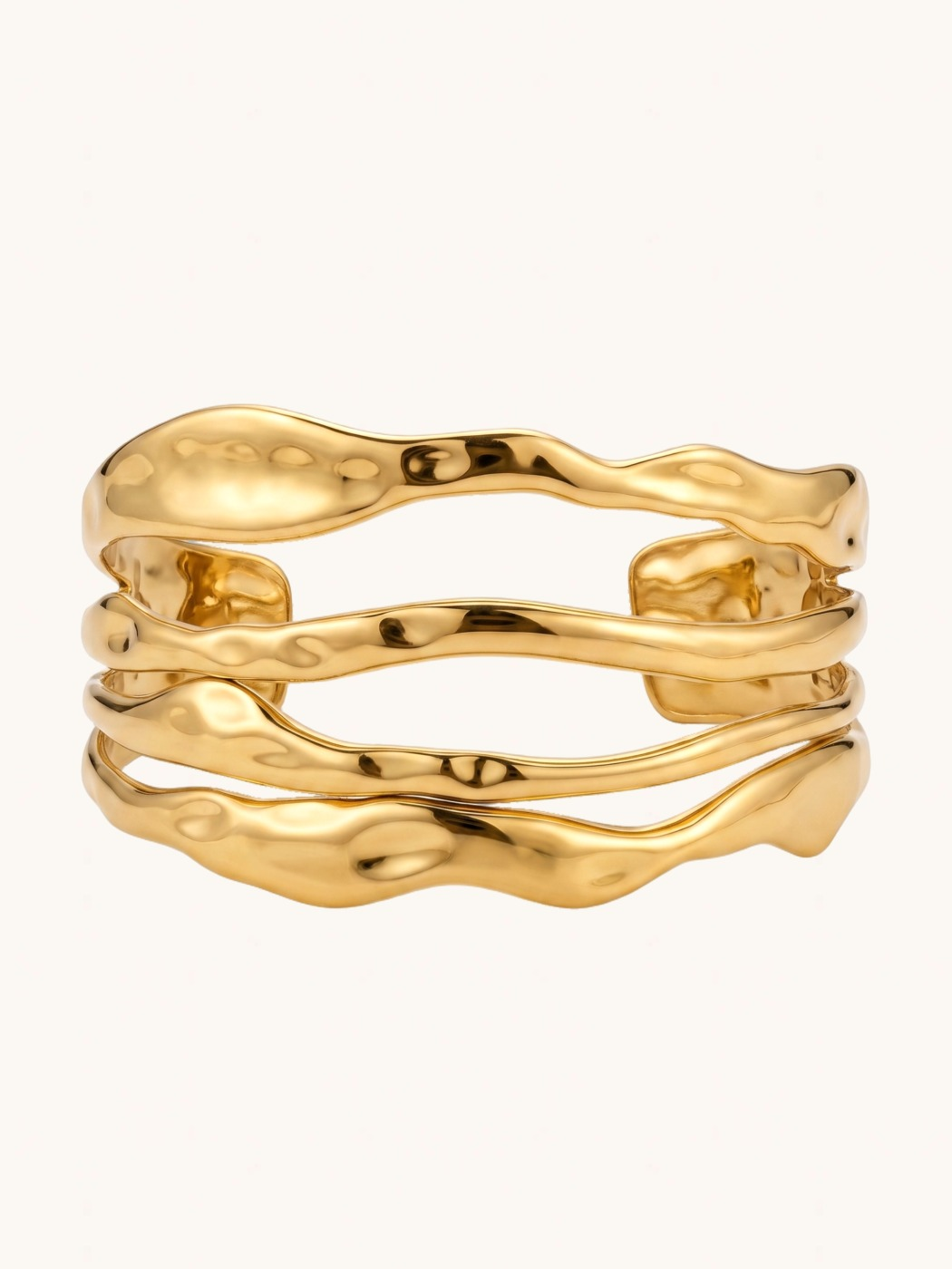 Front View of Naya Ripple Cuff Bracelet Comfort Fit 18k Gold Plated Steel | Hypoallergenic Tarnish Resistant Sweat Water 6 inches 24.4gms Stainless