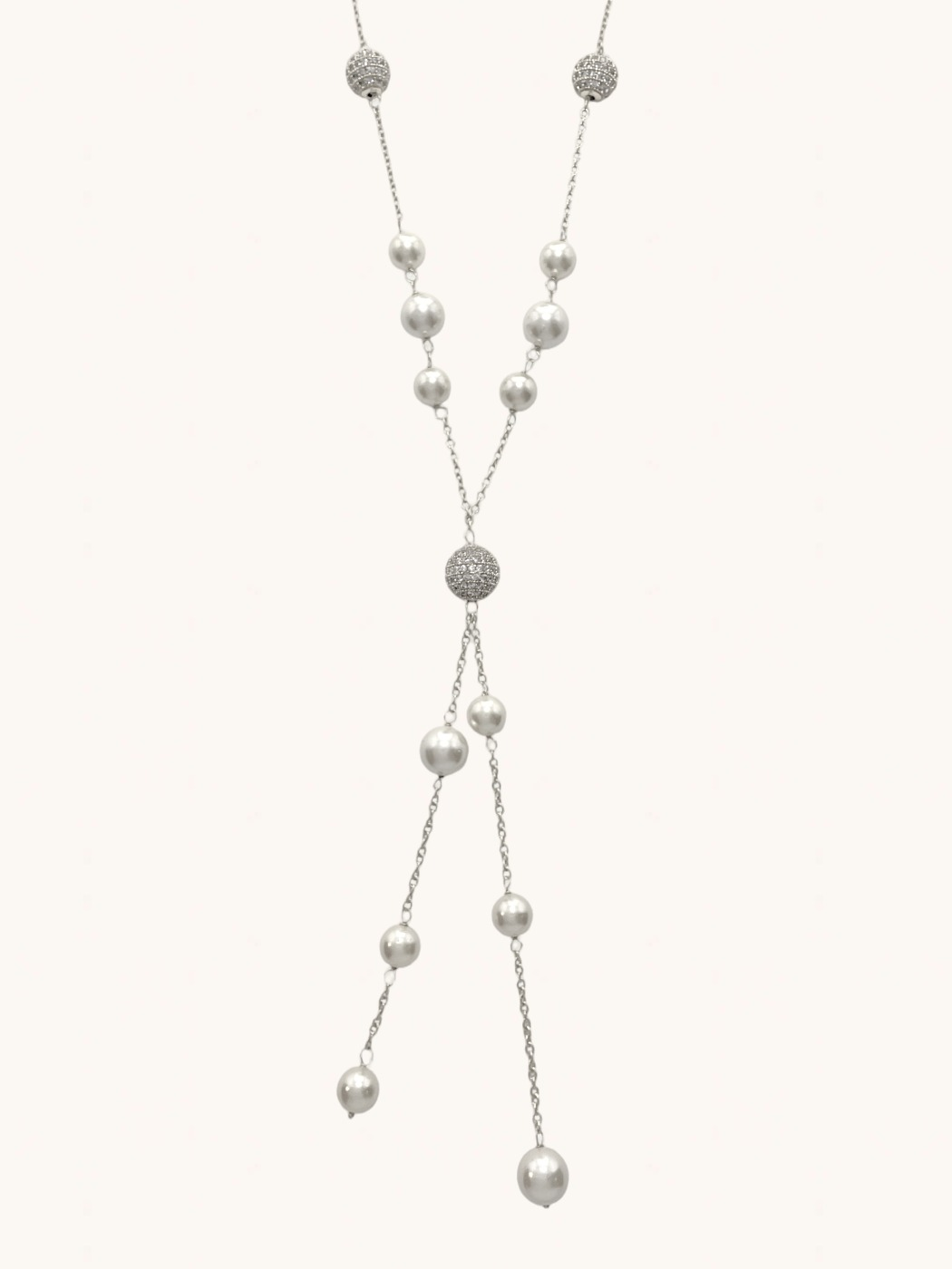 Front View of Sherine Tassel Necklace in 925 Sterling Silver Fixed Length Rhodium Plated Brass Metal Stone One Size 32gms