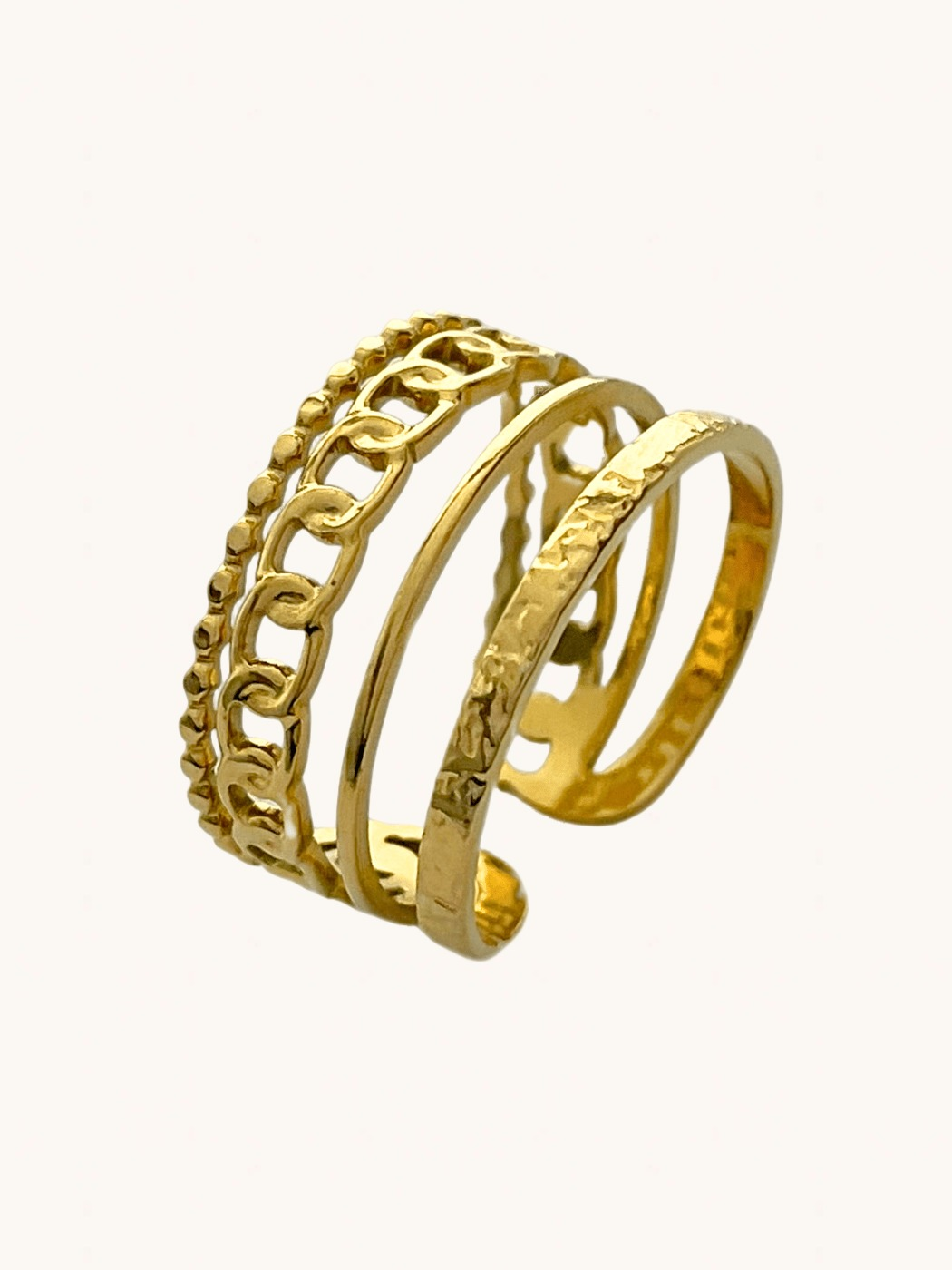 Closeup of Arabella Open Ring in 18k Gold-Plated Metal Open-Adjustable-Resizable Gold Plated Steel | Hypoallergenic Tarnish Resistant Sweat Water Eco - Friendly One Size 2.4gms