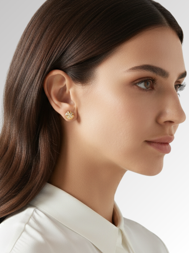 Model Wearing Cara Clover Stud Earrings in 18k Gold Plated Sterling Silver Jewelry for Pierced Ears 925 One Size 1.9gms