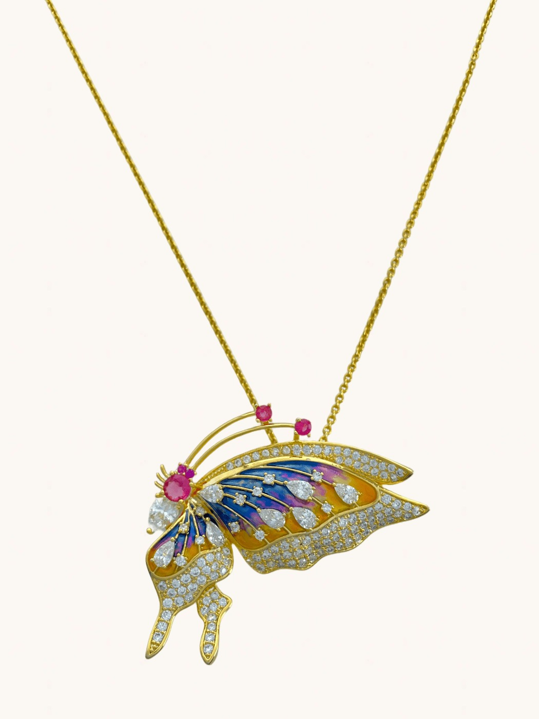 Front View of Gold Butterfly Brooch Pendant Necklace Fixed Length 18k Plated 925 Sterling Silver Brass Metal One Size 15.5gms