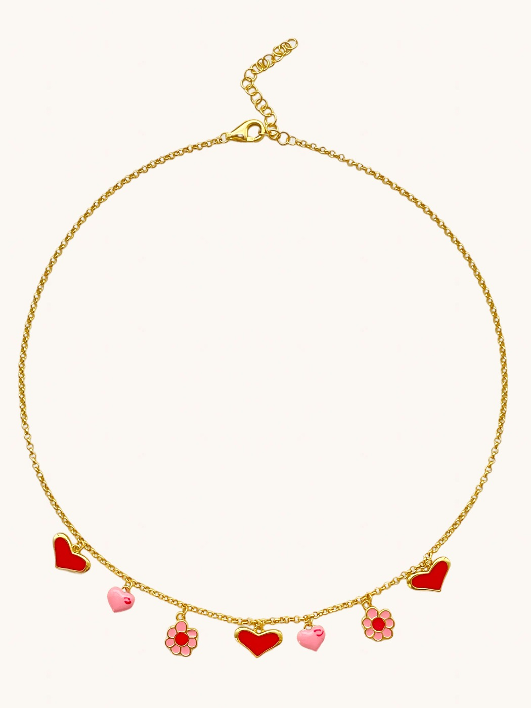 Front View of Little Princess Hearts and Flower Charm Necklace in 18k Gold Plated Silver Adjustable Length 925 Sterling Metal 14 inches 7.2gms