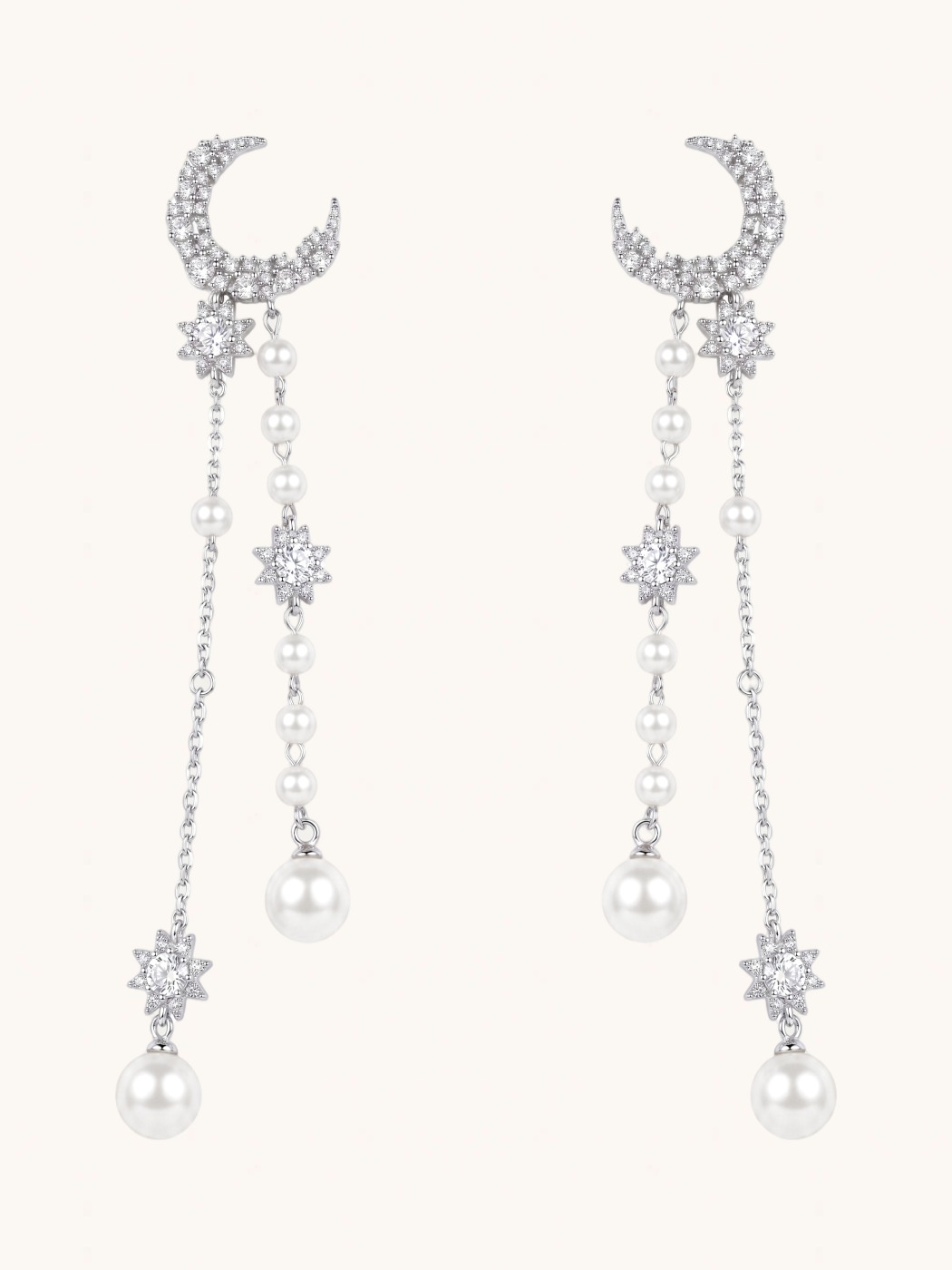 Front View of Zaina Pearl Dangle Earrings Jewelry for Pierced Ears 925 Sterling Silver Rhodium Plated Copper 4 inches 9.9gms