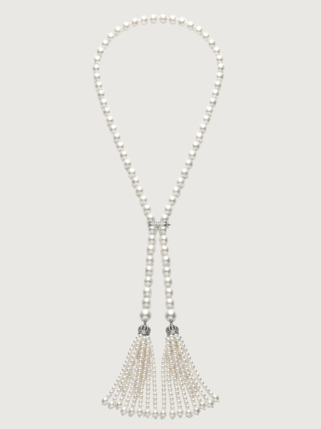 Front View of Hessa Tassel Pearl Necklace with Brass clip Fixed Length Rhodium Plated 32 inches 72.2gms