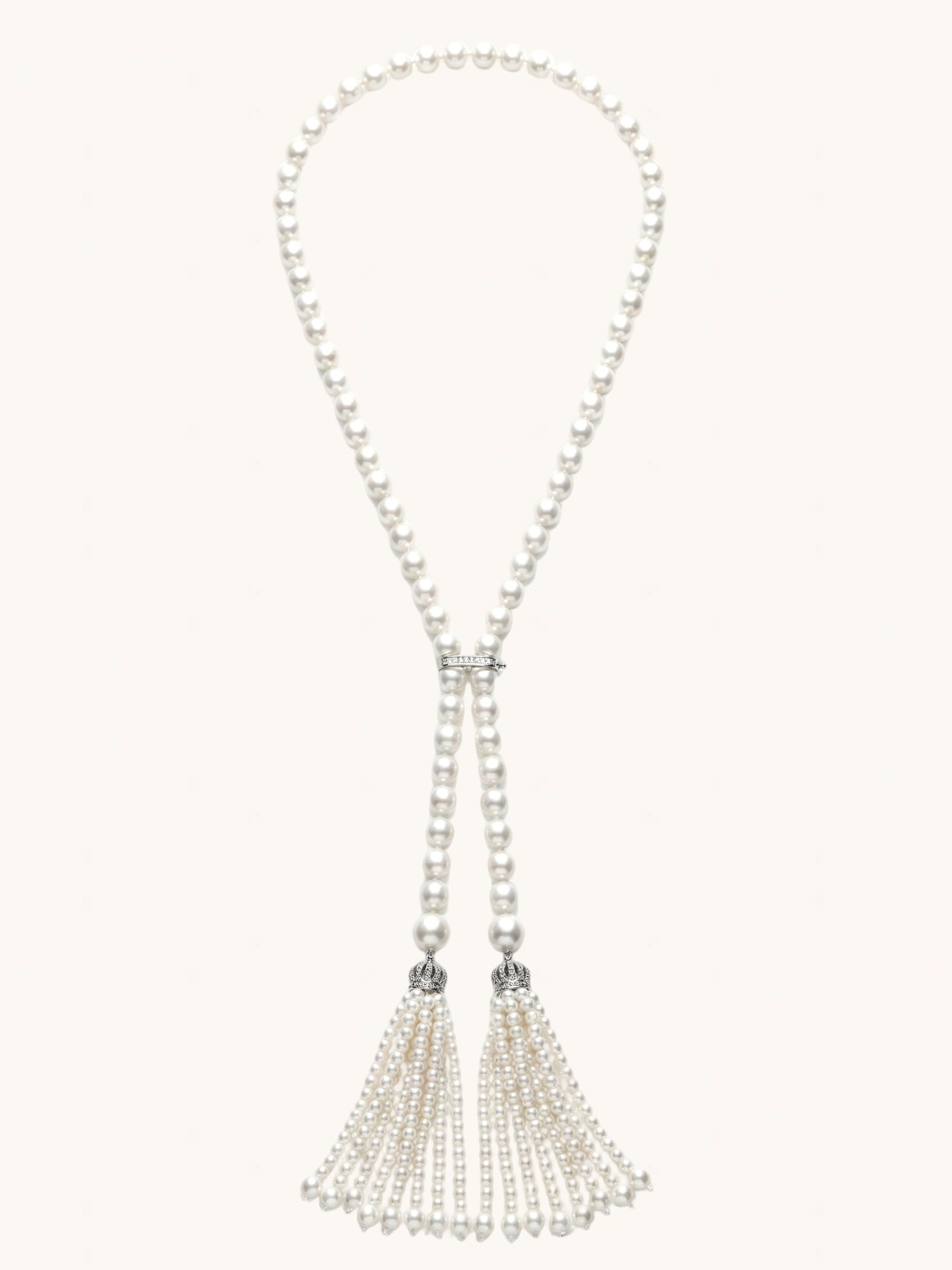 Front View of Hessa Tassel Pearl Necklace with Brass clip Fixed Length Rhodium Plated 32 inches 72.2gms