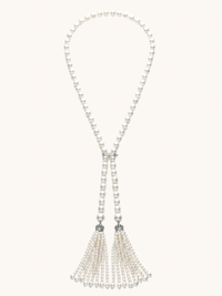 Front View of Hessa Tassel Pearl Necklace with Brass clip Fixed Length Rhodium Plated 32 inches 72.2gms