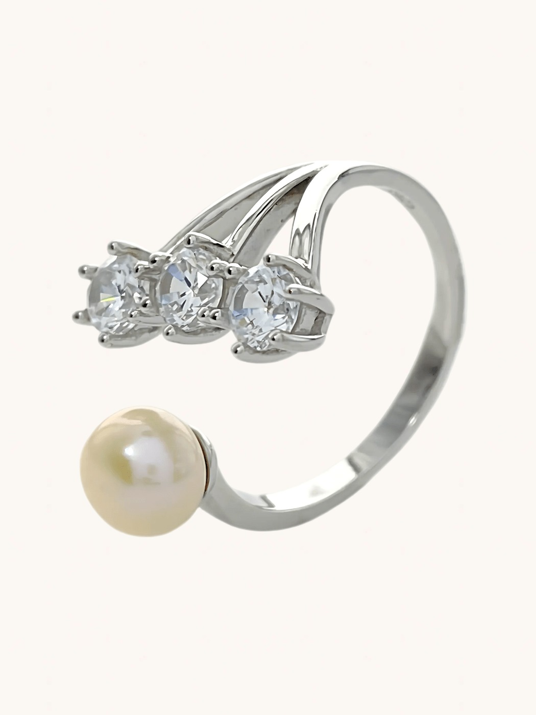 Closeup of Athena Pearl & CZ Adjustable Ring in Sterling Silver Open-Adjustable-Resizable 925 Metal Stone One Size 2.8gms